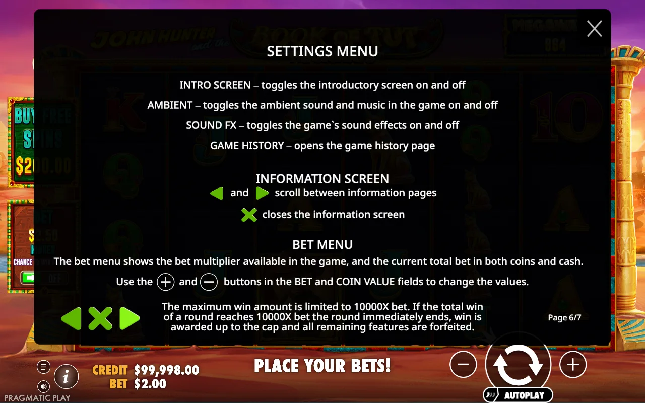 Settings menu — Book of Tut Megaways