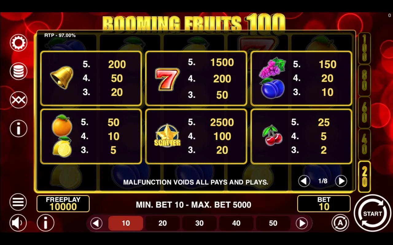 Game rules, page 1 — Booming Fruits 100