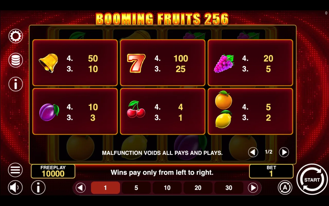 Game rules, page 1 — Booming Fruits 256