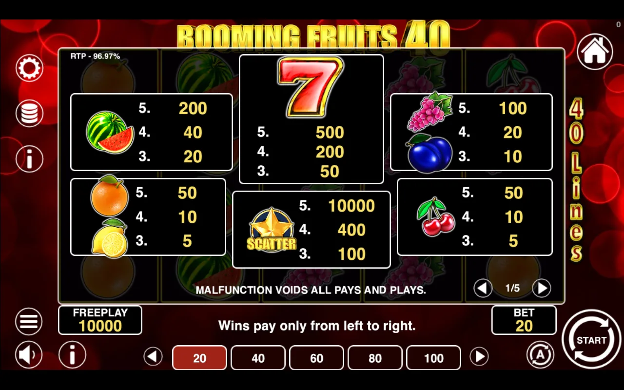 Game rules, page 1 — Booming Fruits 40
