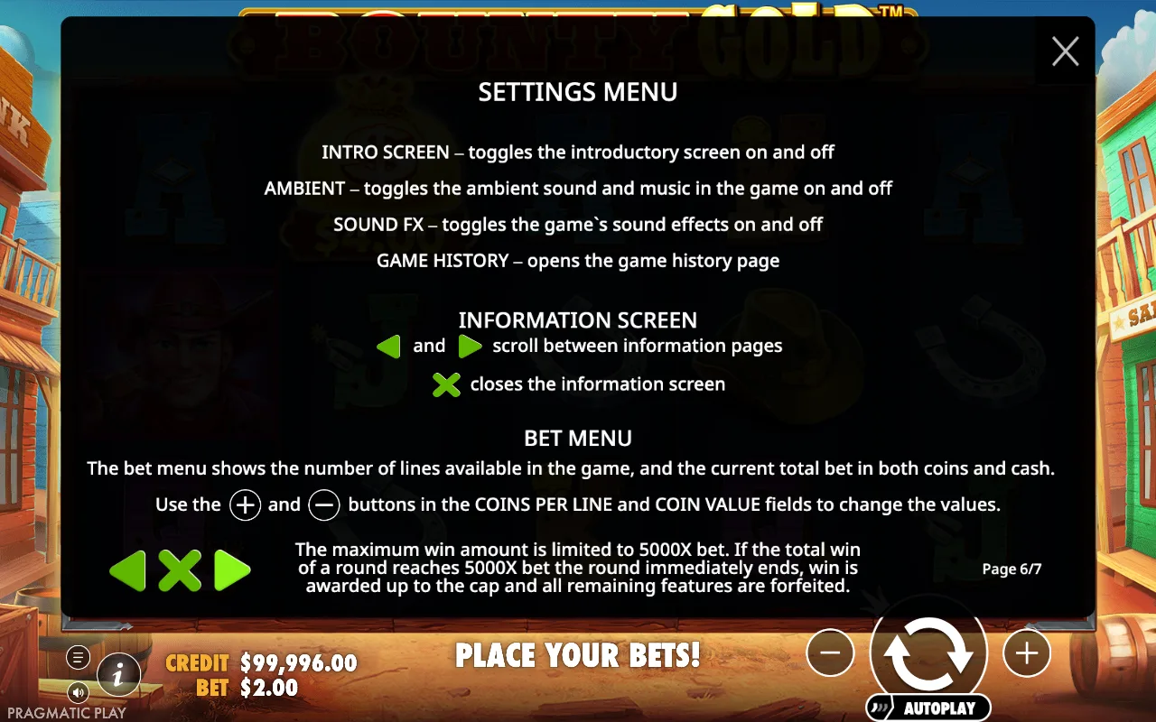 Settings menu — Bounty Gold