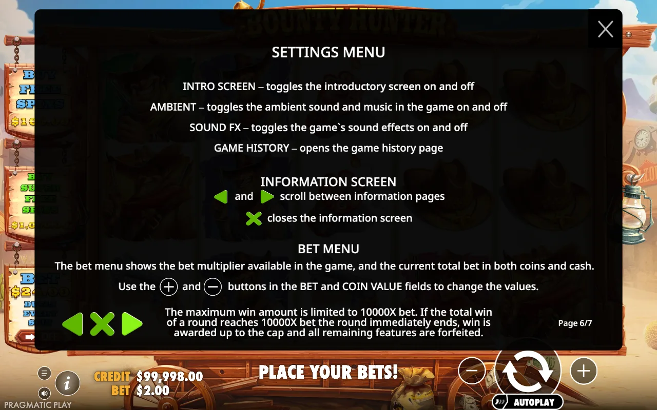 Settings menu — Bounty Hunter