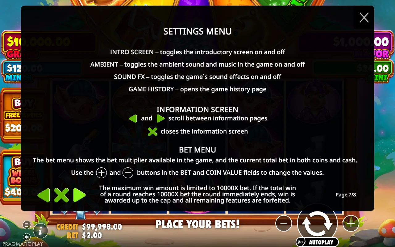 Settings menu — Brick House Bonanza