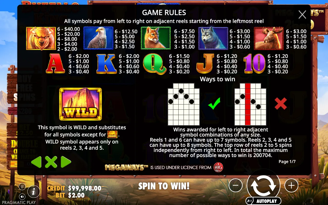 Game rules, page 1 — Buffalo King Megaways