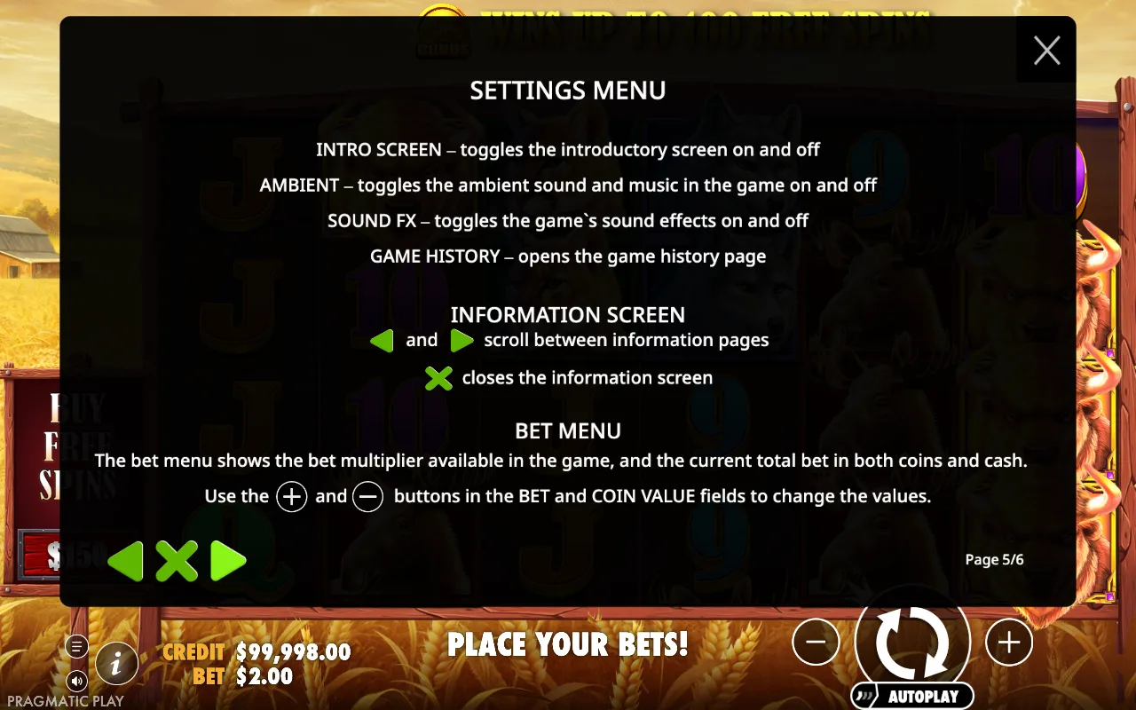 Settings menu — Buffalo King