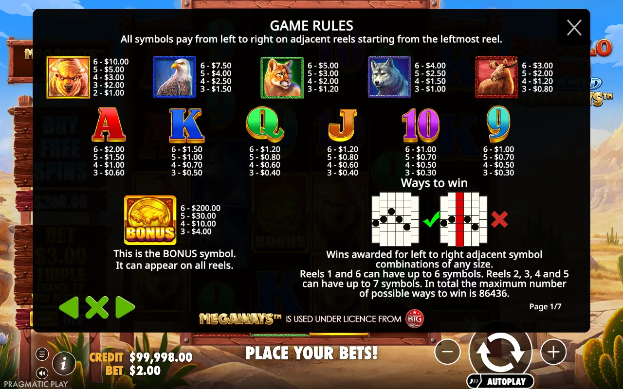 Game rules, page 1 — Buffalo King Untamed Megaways