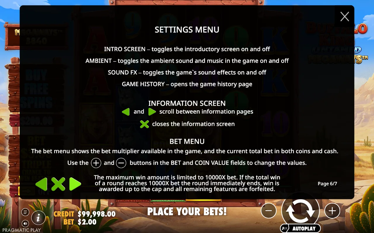 Settings menu — Buffalo King Untamed Megaways