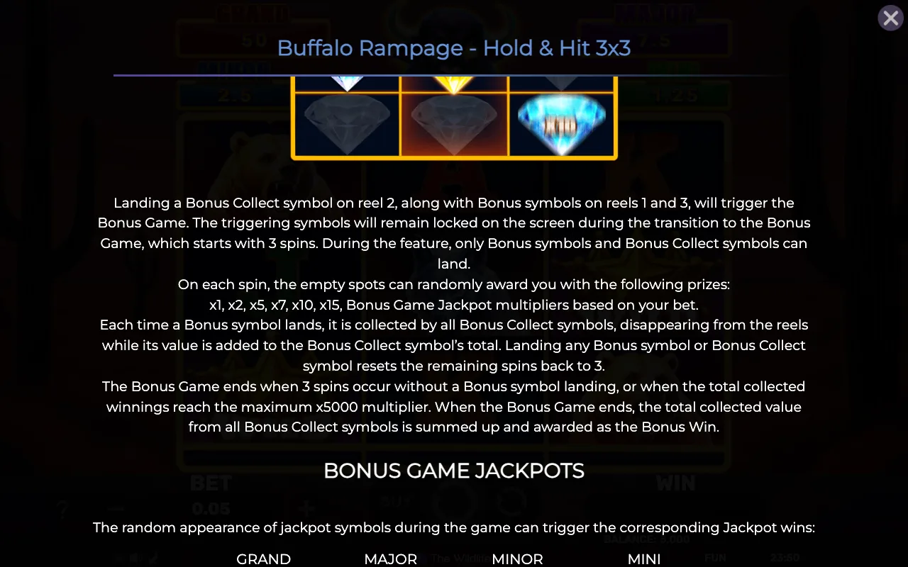 Game rules, page 2 — Buffalo Rampage Hold Hit 3x3