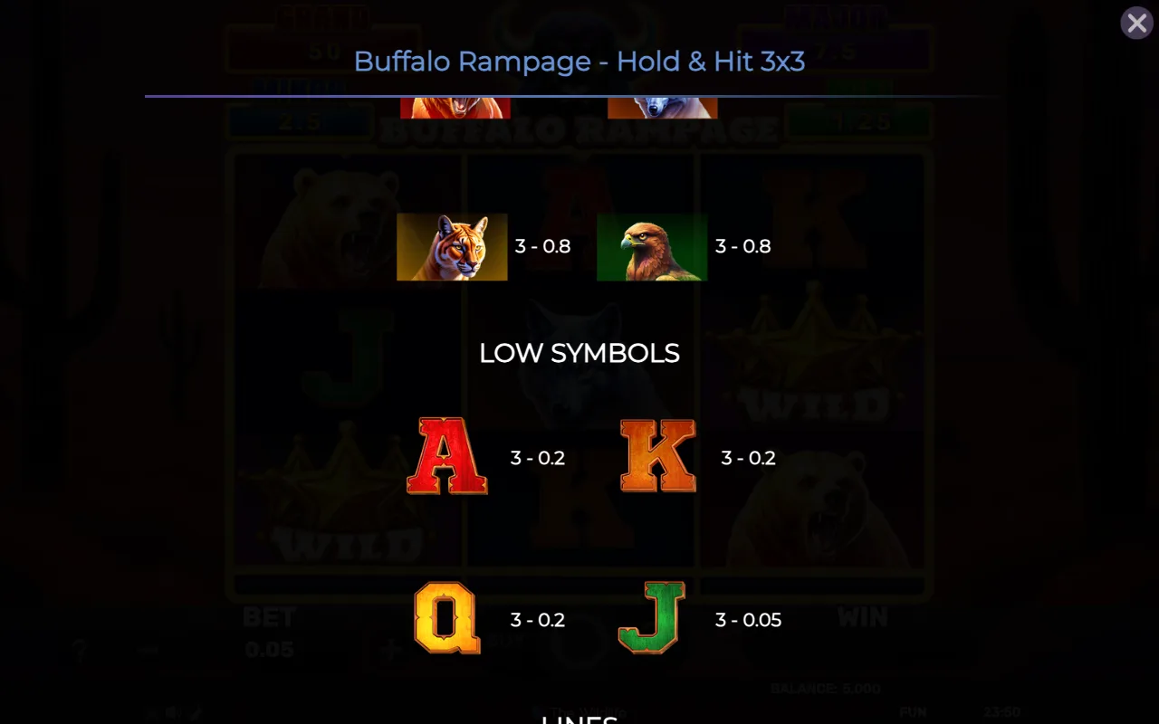 Low symbols — Buffalo Rampage Hold Hit 3x3