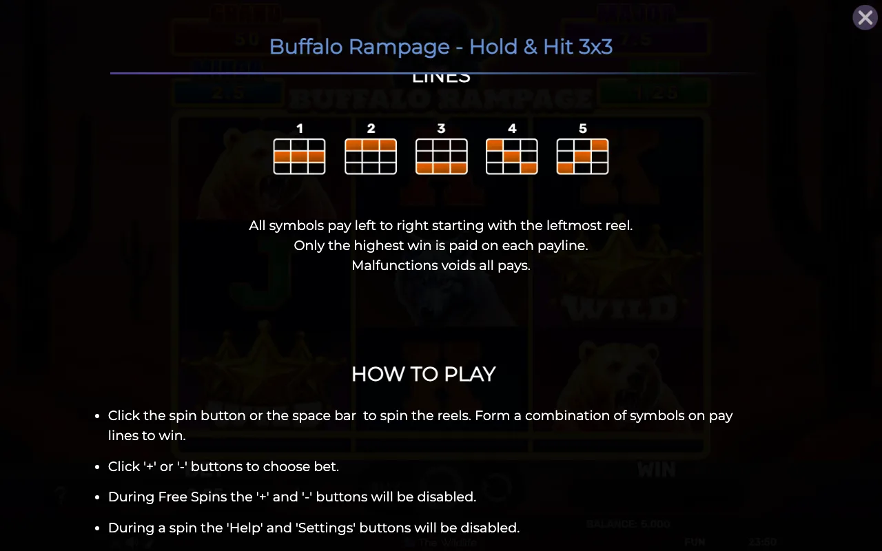 Game rules, page 6 — Buffalo Rampage Hold Hit 3x3