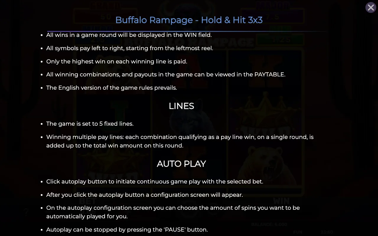 Game rules, page 7 — Buffalo Rampage Hold Hit 3x3