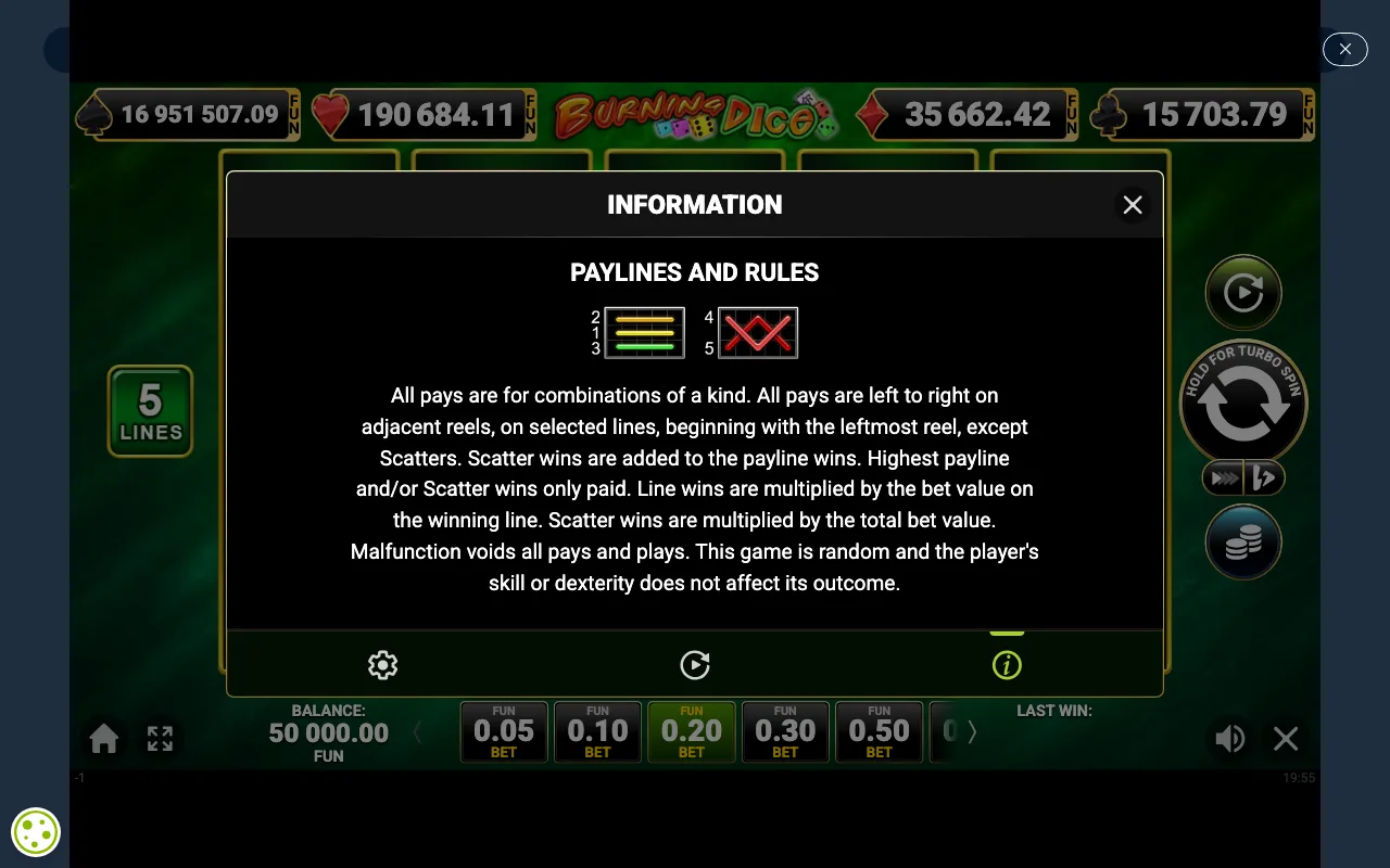 Paylines and rules - — Burning Dice