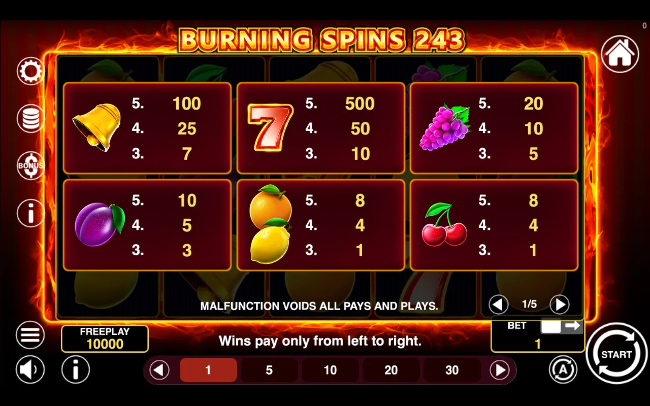 Game rules, page 1 — Burning Spins 243