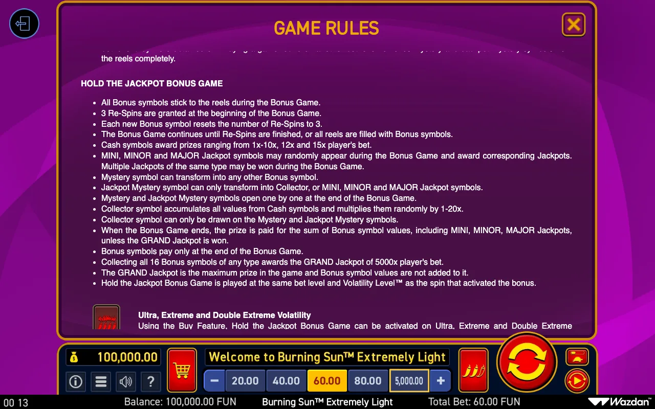 Hold the jackpot bonus game — Burning Sun Extremely Light