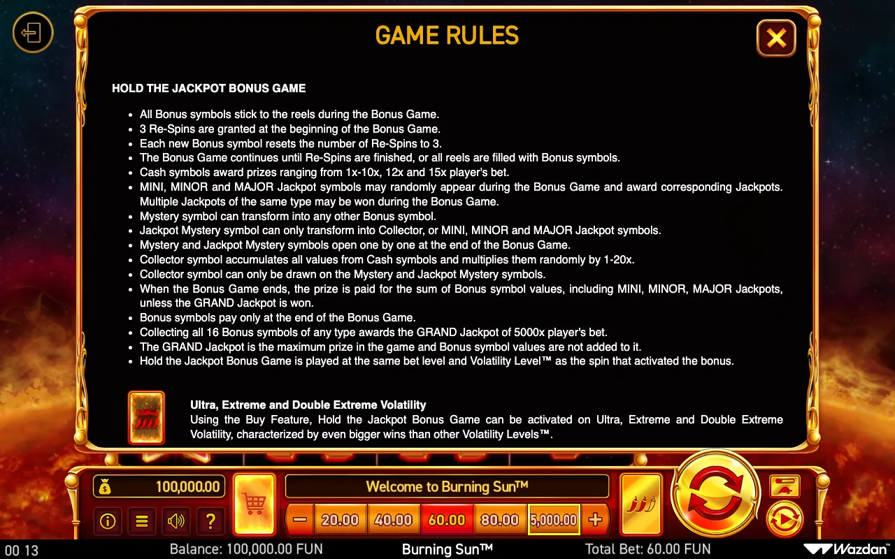 Hold the jackpot bonus game — Burning Sun
