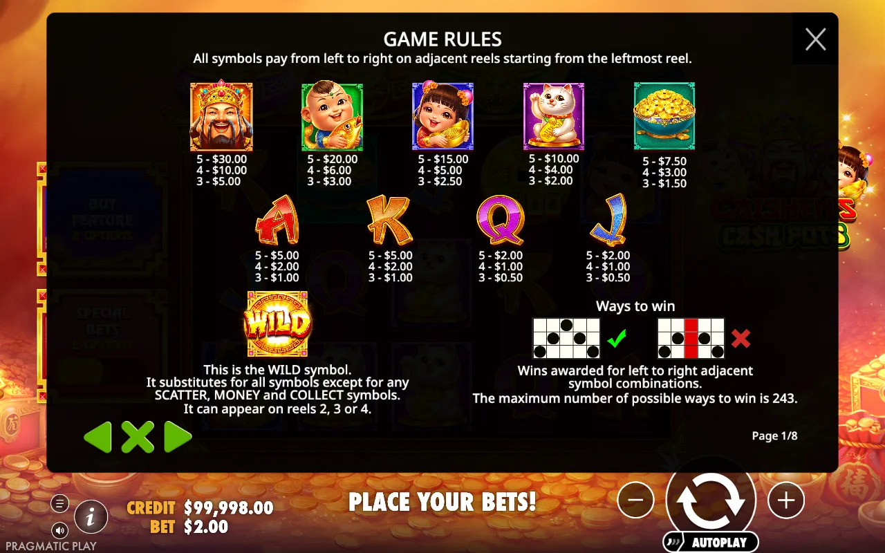 Game rules, page 1 — Caishens Cash Pots