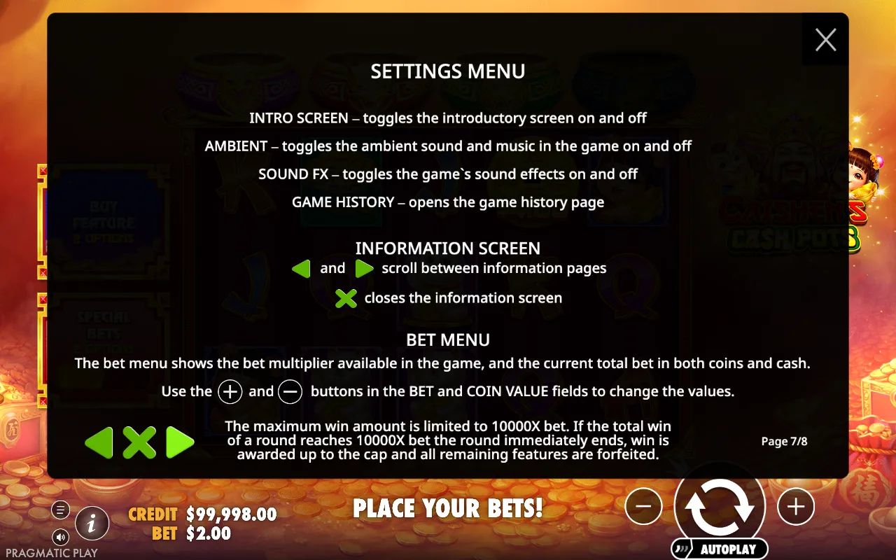 Settings menu — Caishens Cash Pots