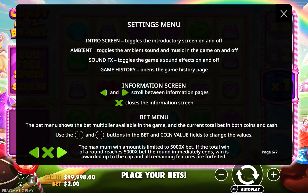 Settings menu — Candy Blitz Bombs