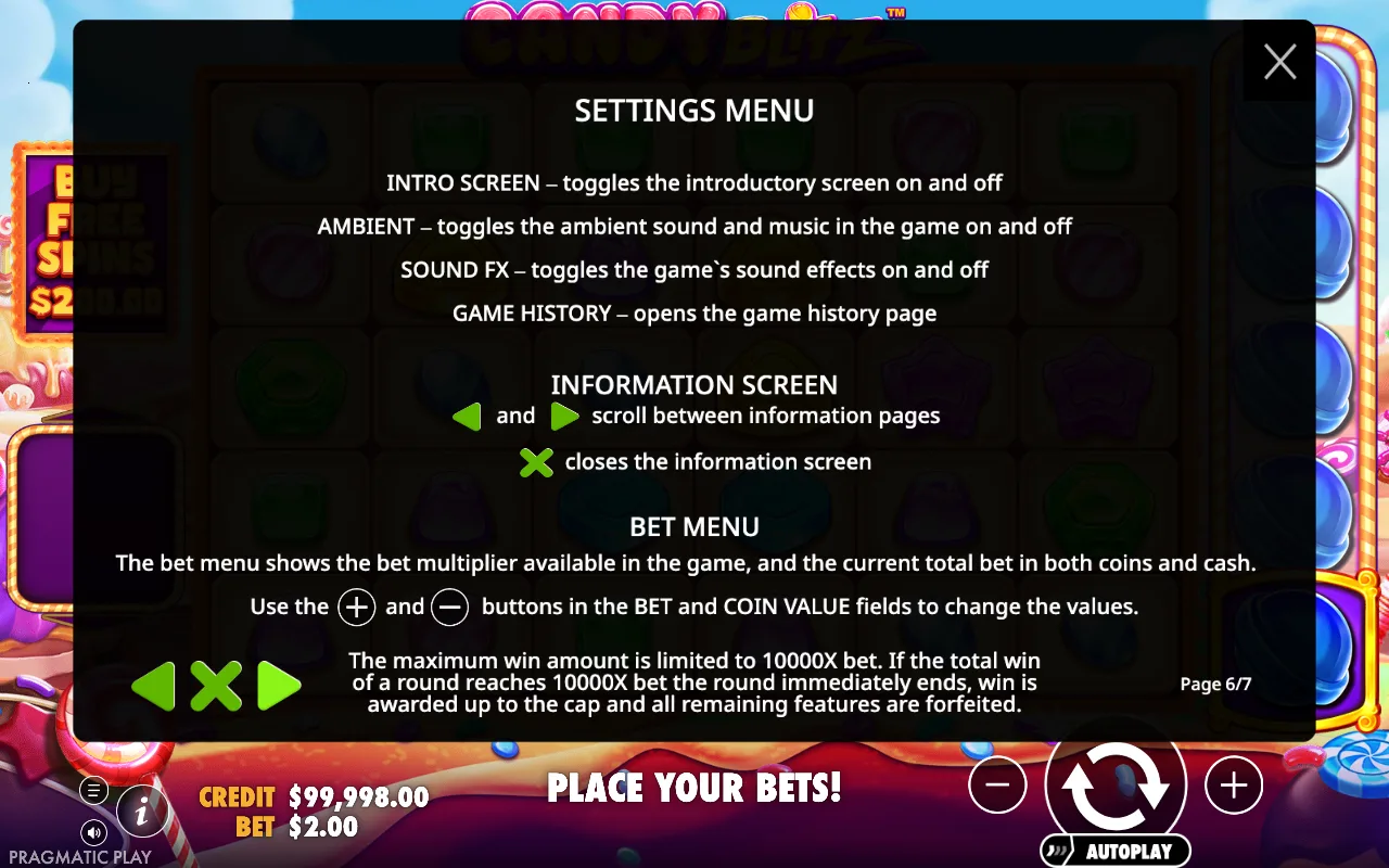 Settings menu — Candy Blitz