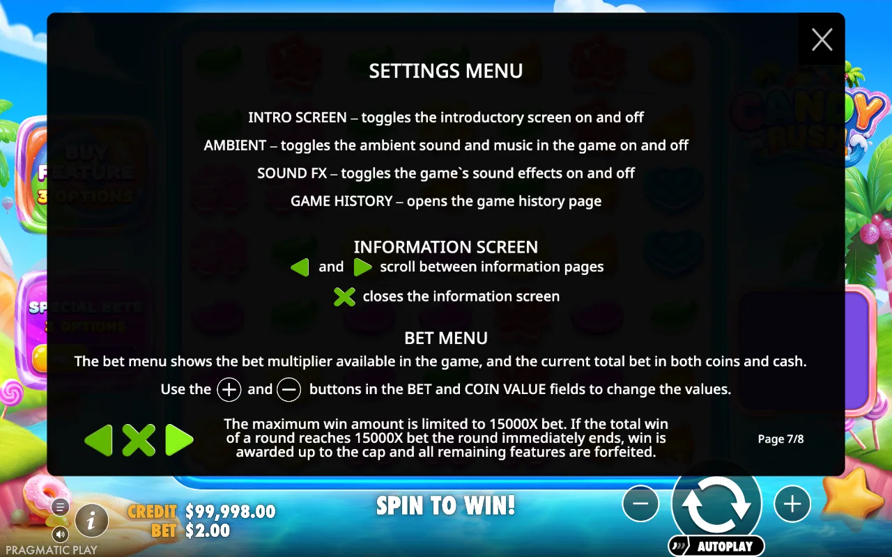 Settings menu — Candy Rush