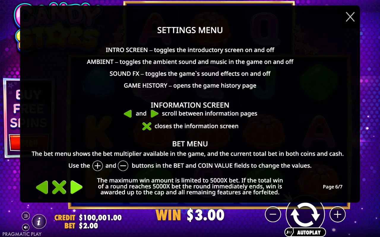 Settings menu — Candy Stars