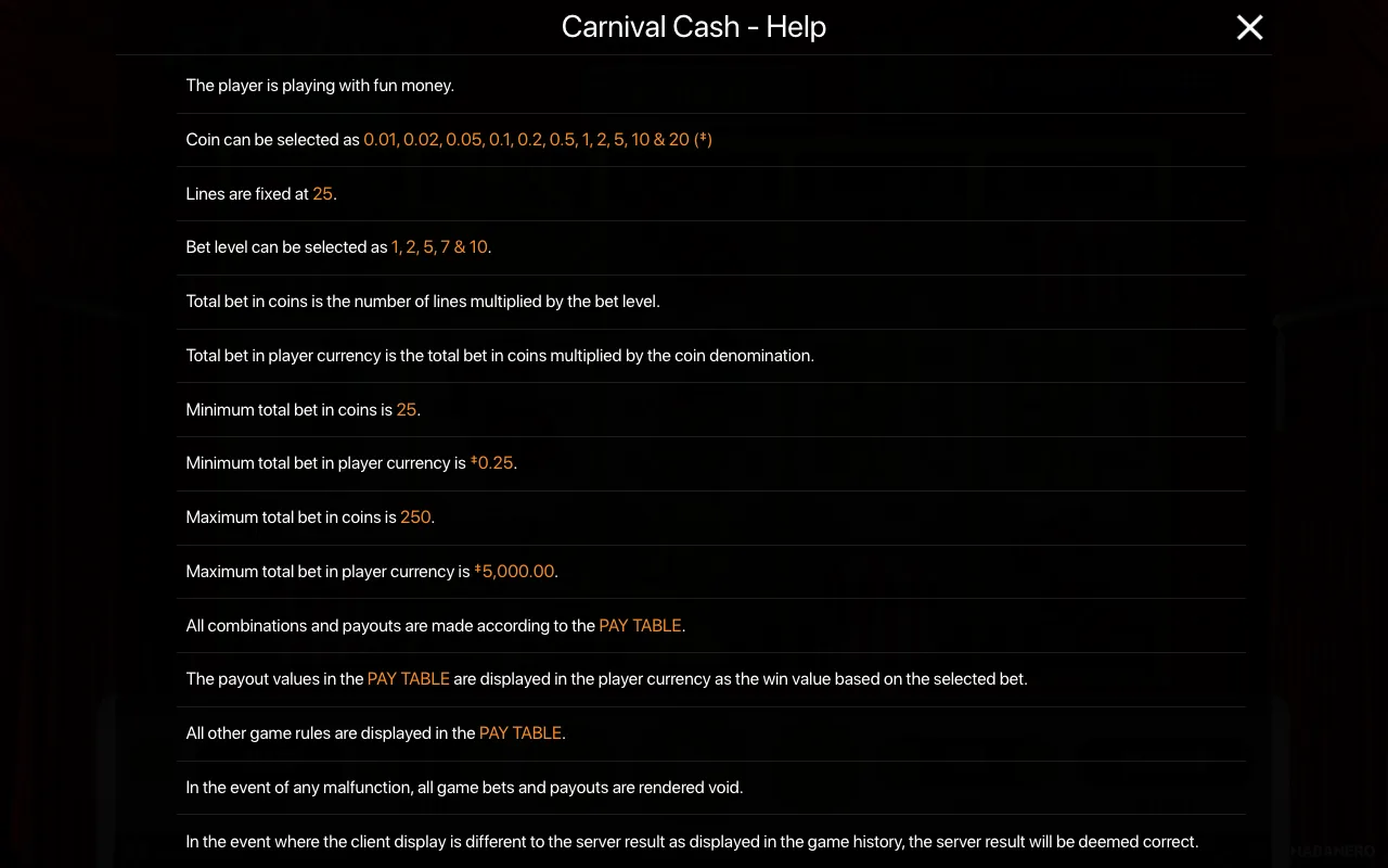 Game rules, page 1 — Carnival Cash