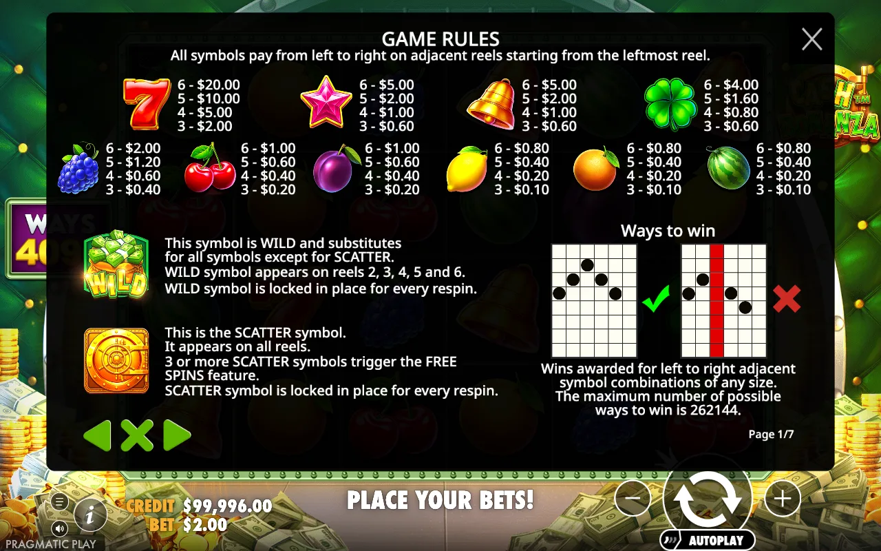 Game rules, page 1 — Cash Bonanza
