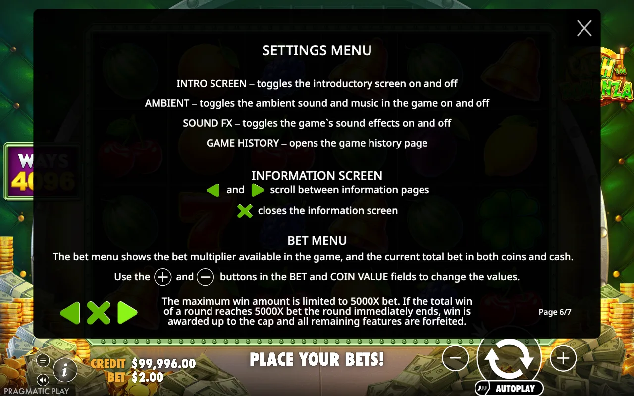 Settings menu — Cash Bonanza
