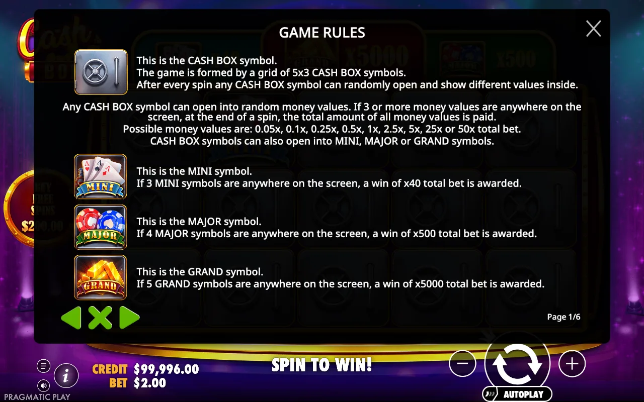 Game rules, page 1 — Cash Box