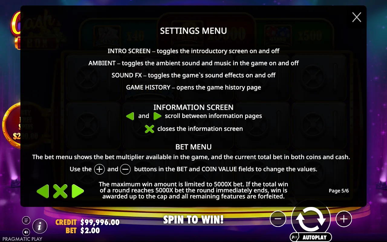 Settings menu — Cash Box