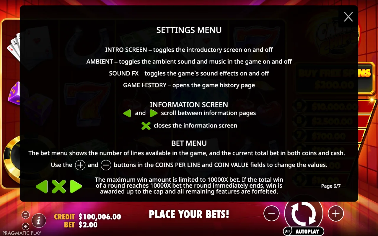 Settings menu — Cash Chips