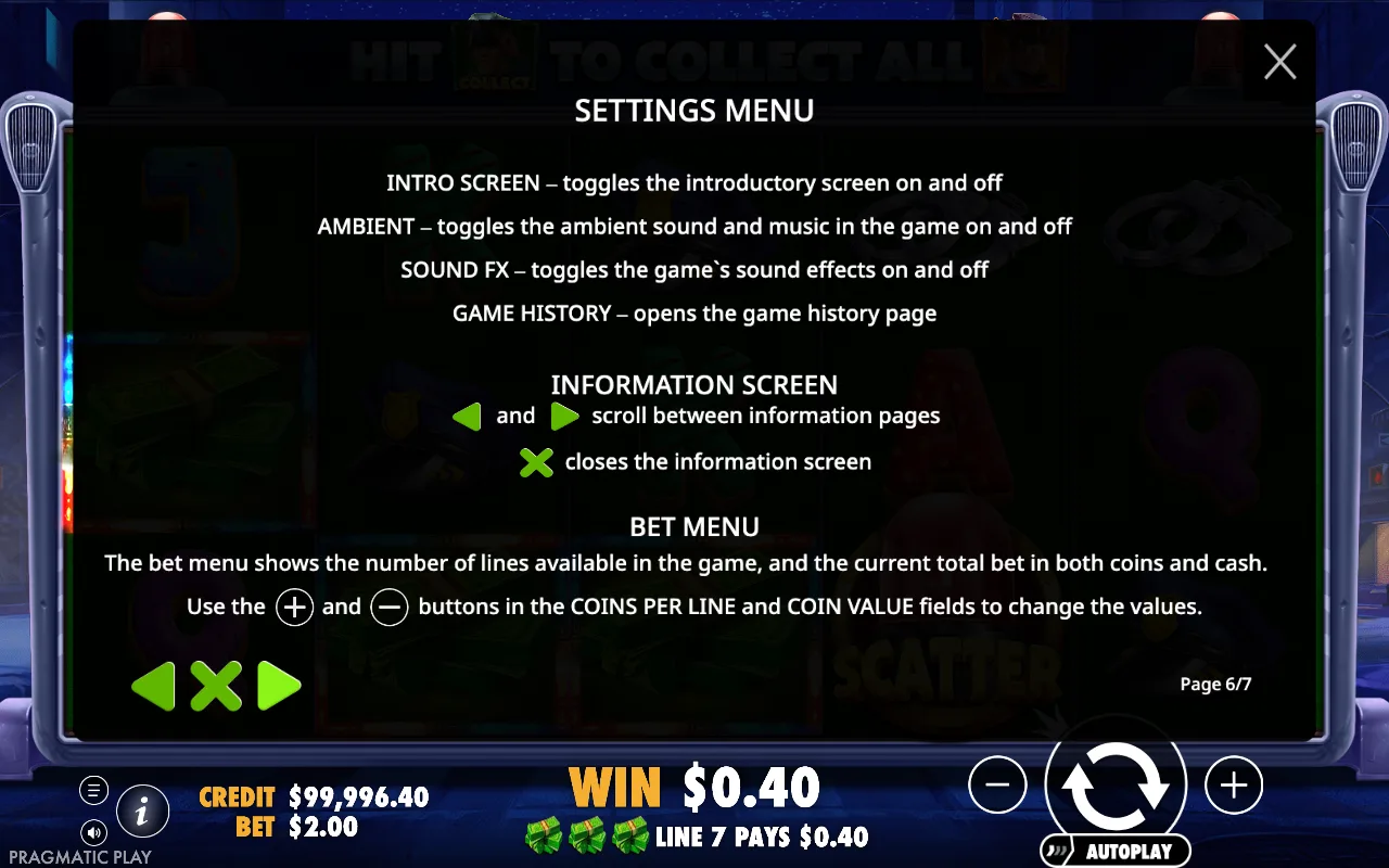 Settings menu — Cash Patrol