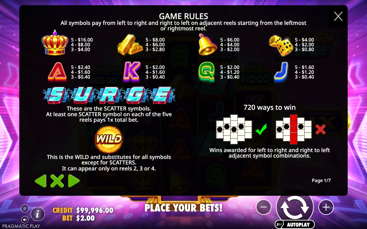 Game rules, page 1 — Cash Surge