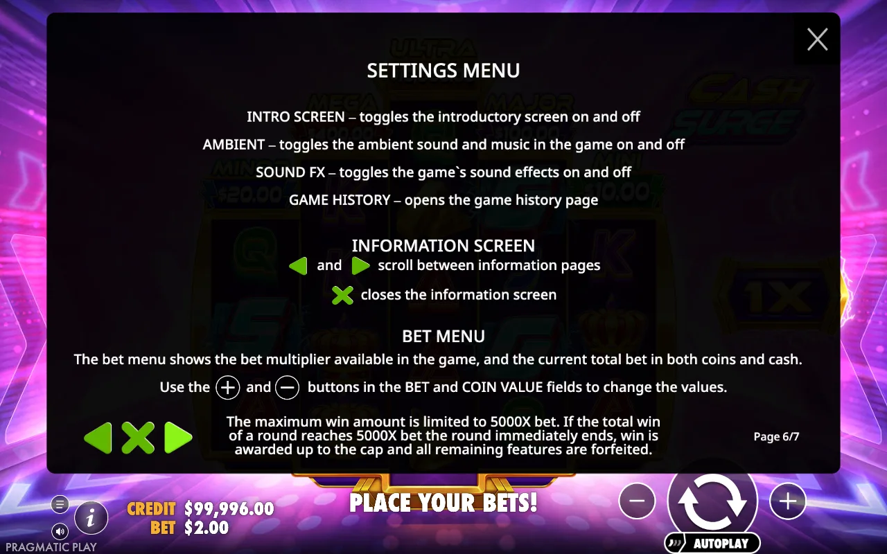 Settings menu — Cash Surge
