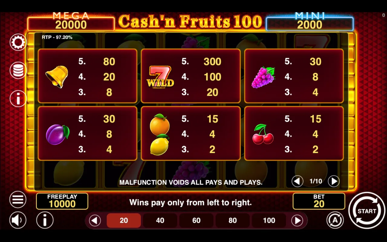 Game rules, page 1 — Cashn Fruits 100 Hold And Win
