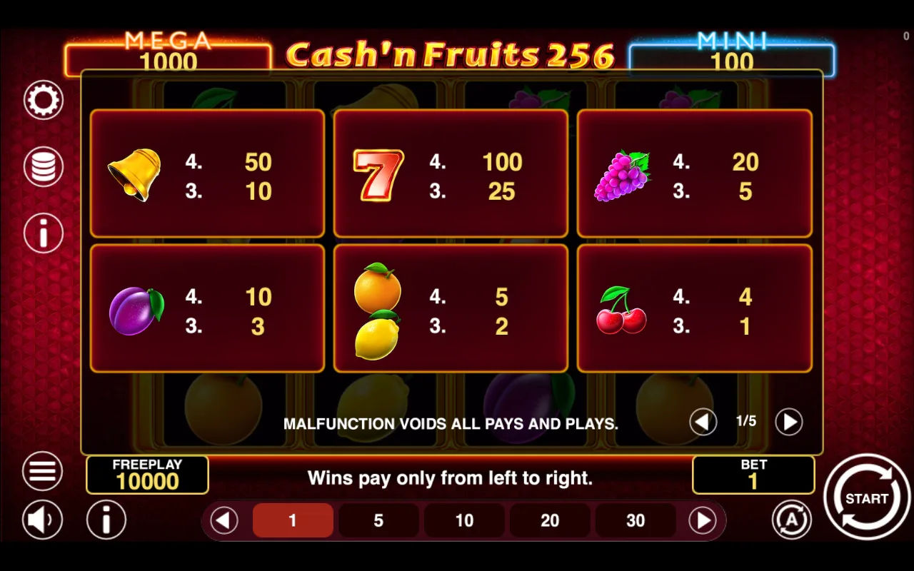Game rules, page 1 — Cashn Fruits 256 Hold And Win
