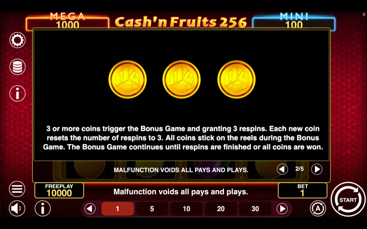 Game rules, page 2 — Cashn Fruits 256 Hold And Win