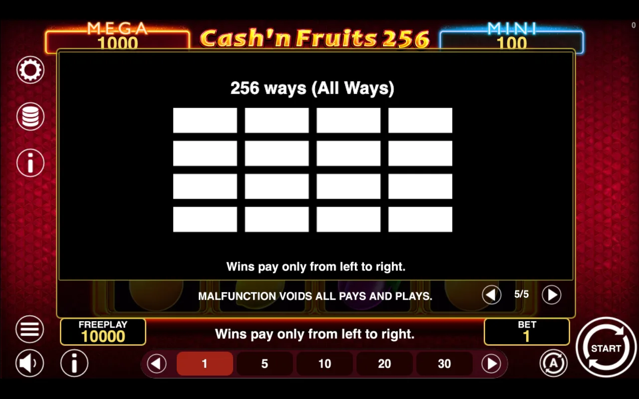 Game rules, page 5 — Cashn Fruits 256 Hold And Win