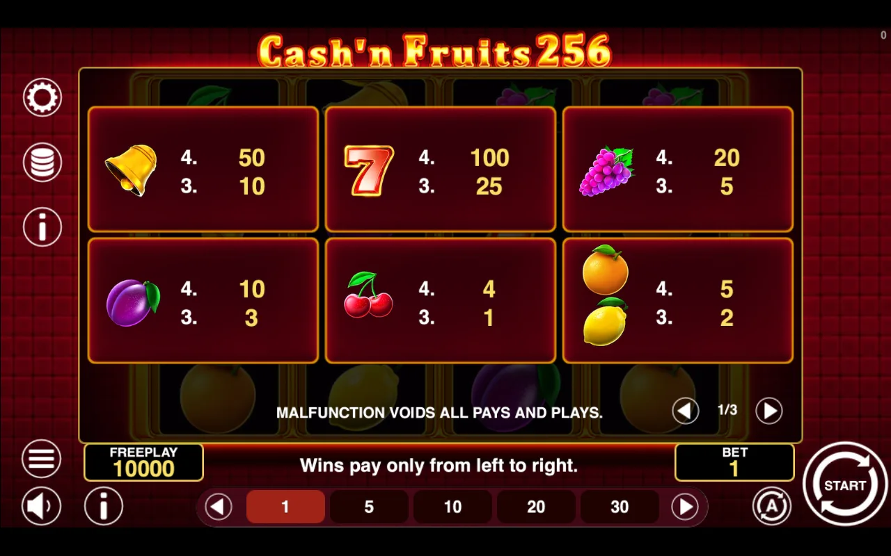 Game rules, page 1 — Cashn Fruits 256