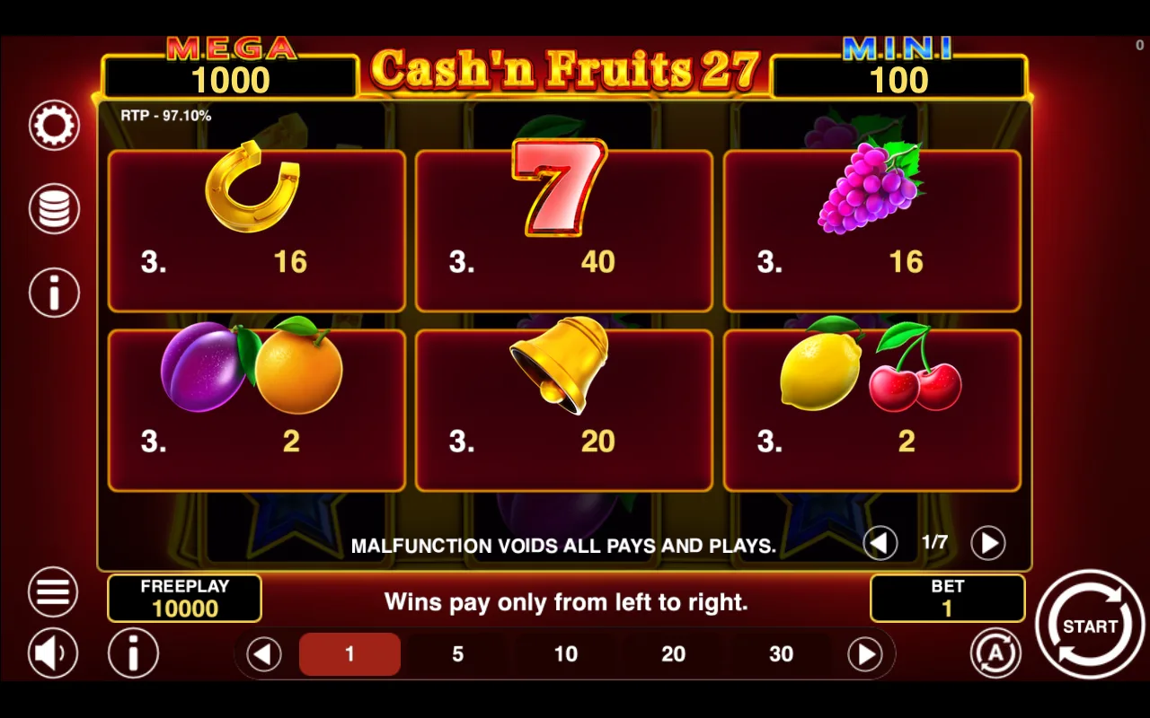 Game rules, page 1 — Cashn Fruits 27 Hold And Win