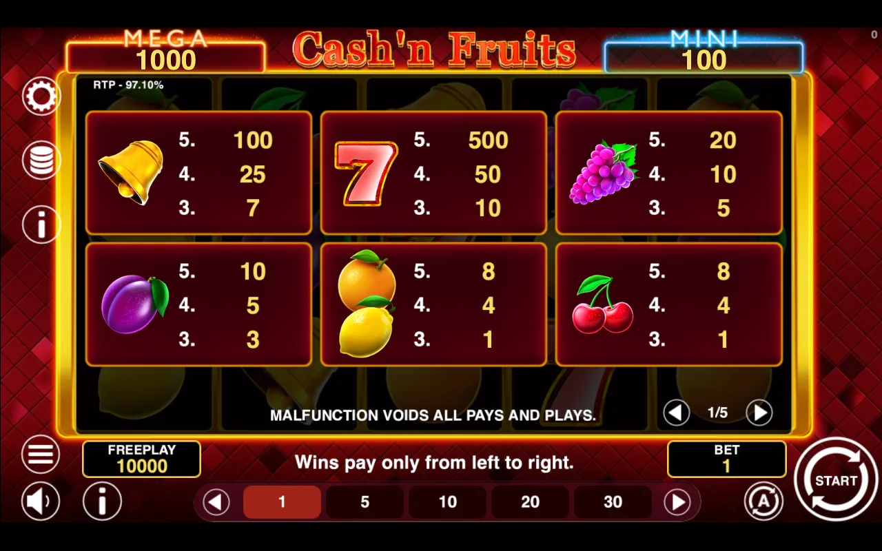 Game rules, page 1 — Cashn Fruits Hold And Win