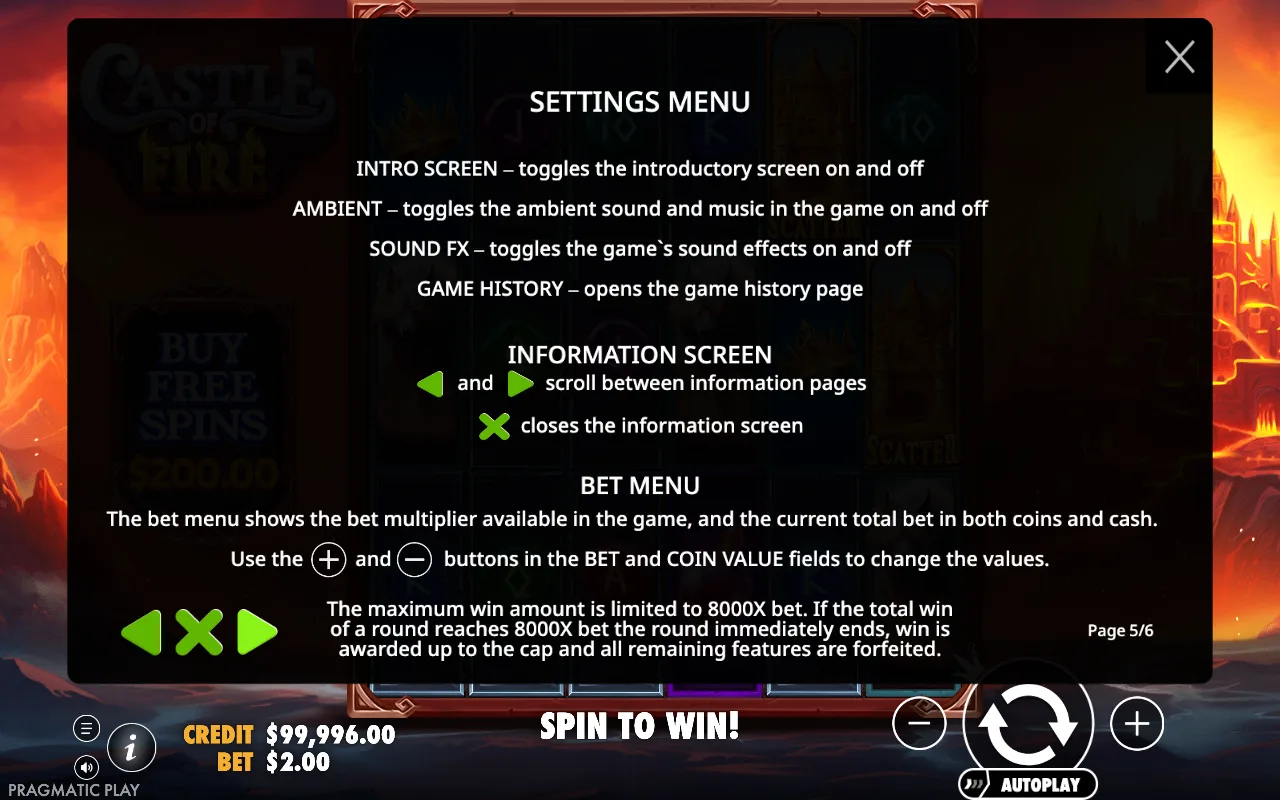 Settings menu — Castle of Fire