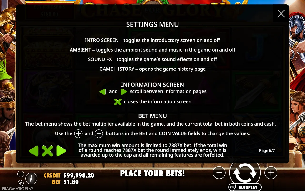 Settings menu — Chase for Glory