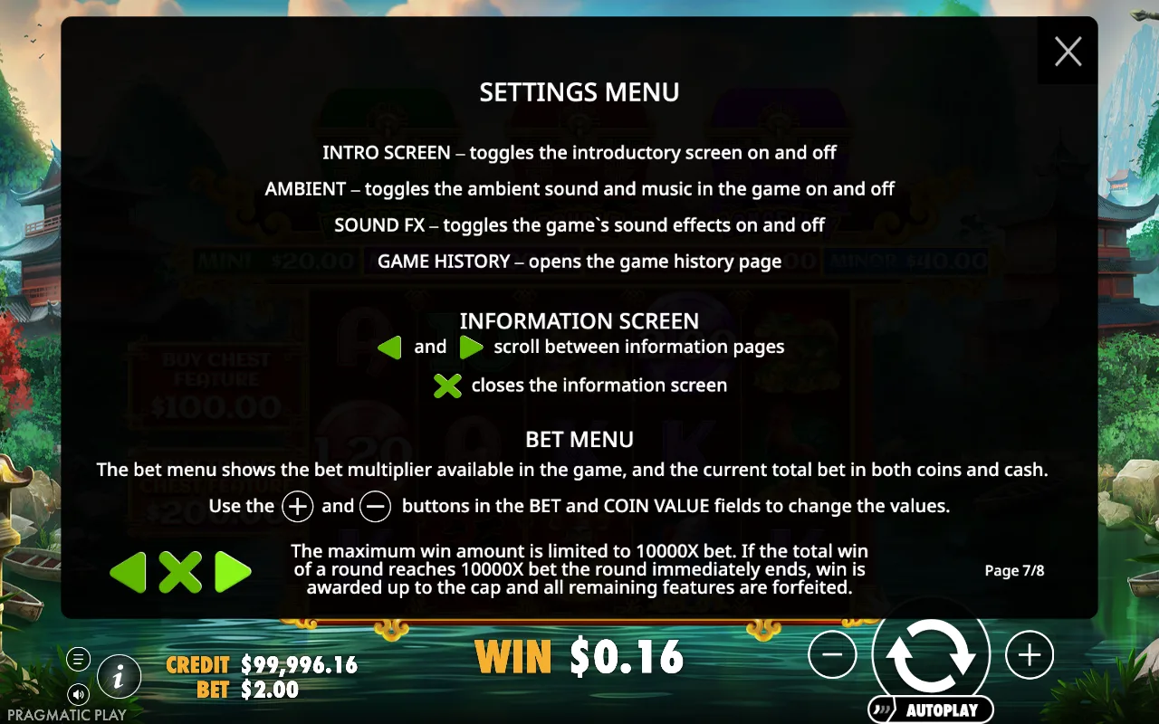 Settings menu — Chests of Cai Shen