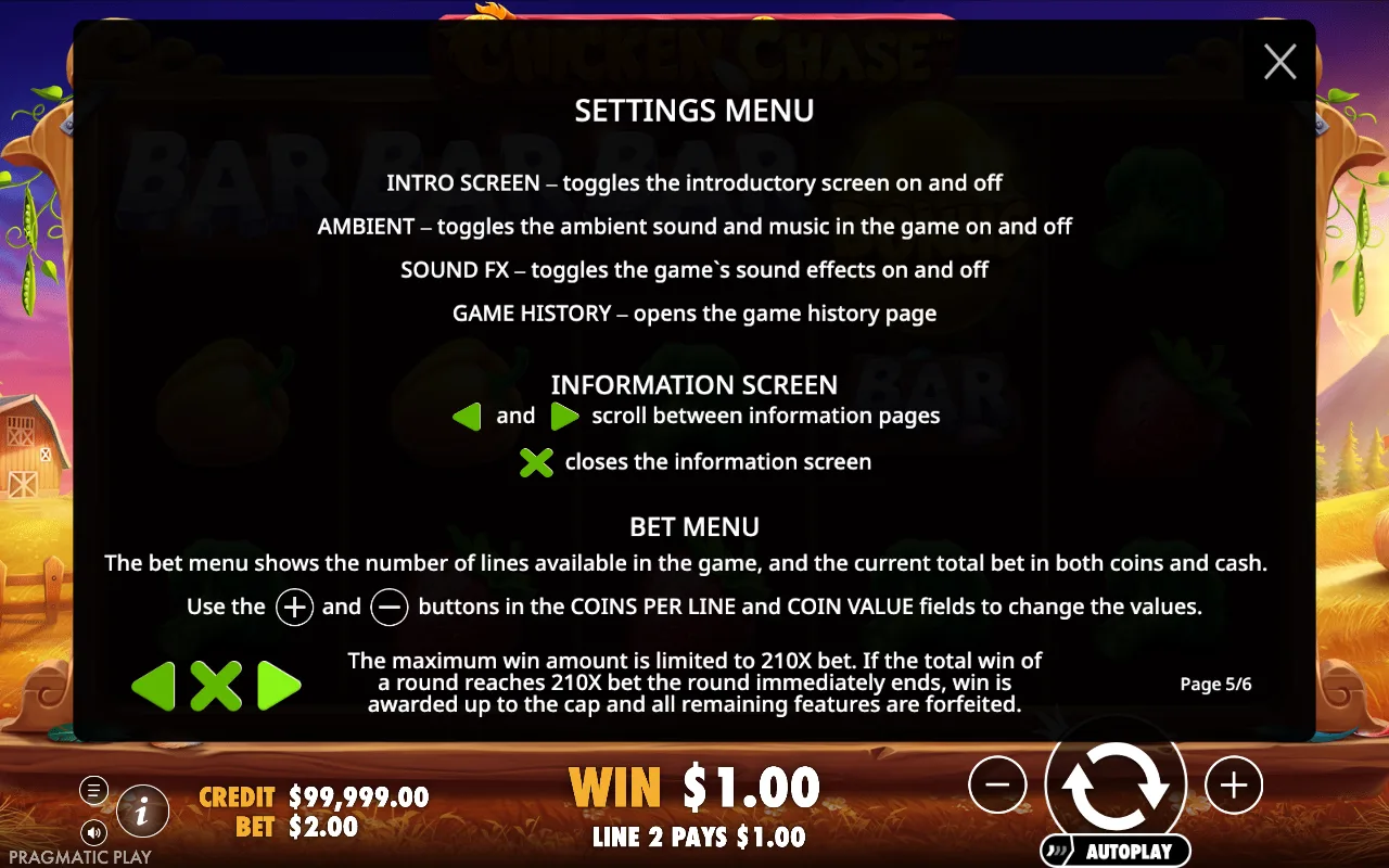 Settings menu — Chicken Chase