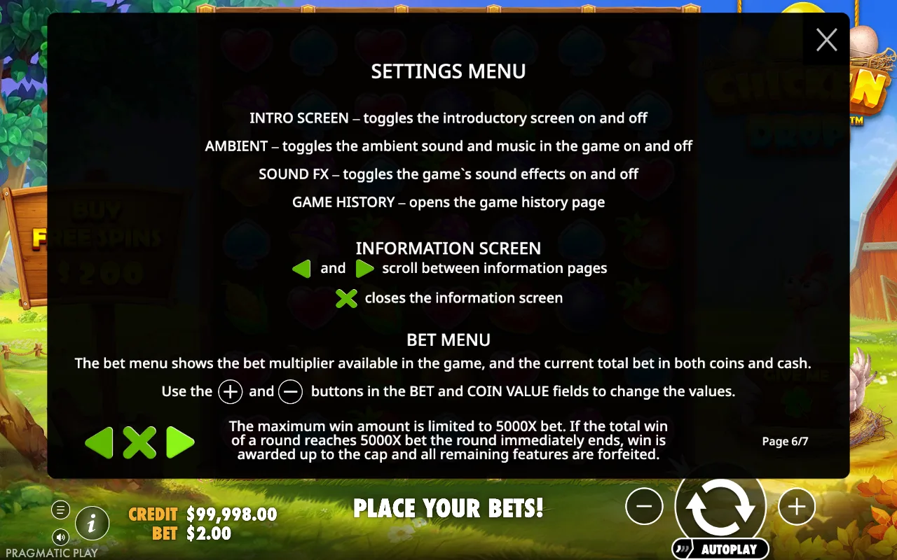 Settings menu — Chicken Drop
