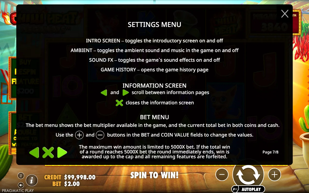 Settings menu — Chilli Heat Megaways