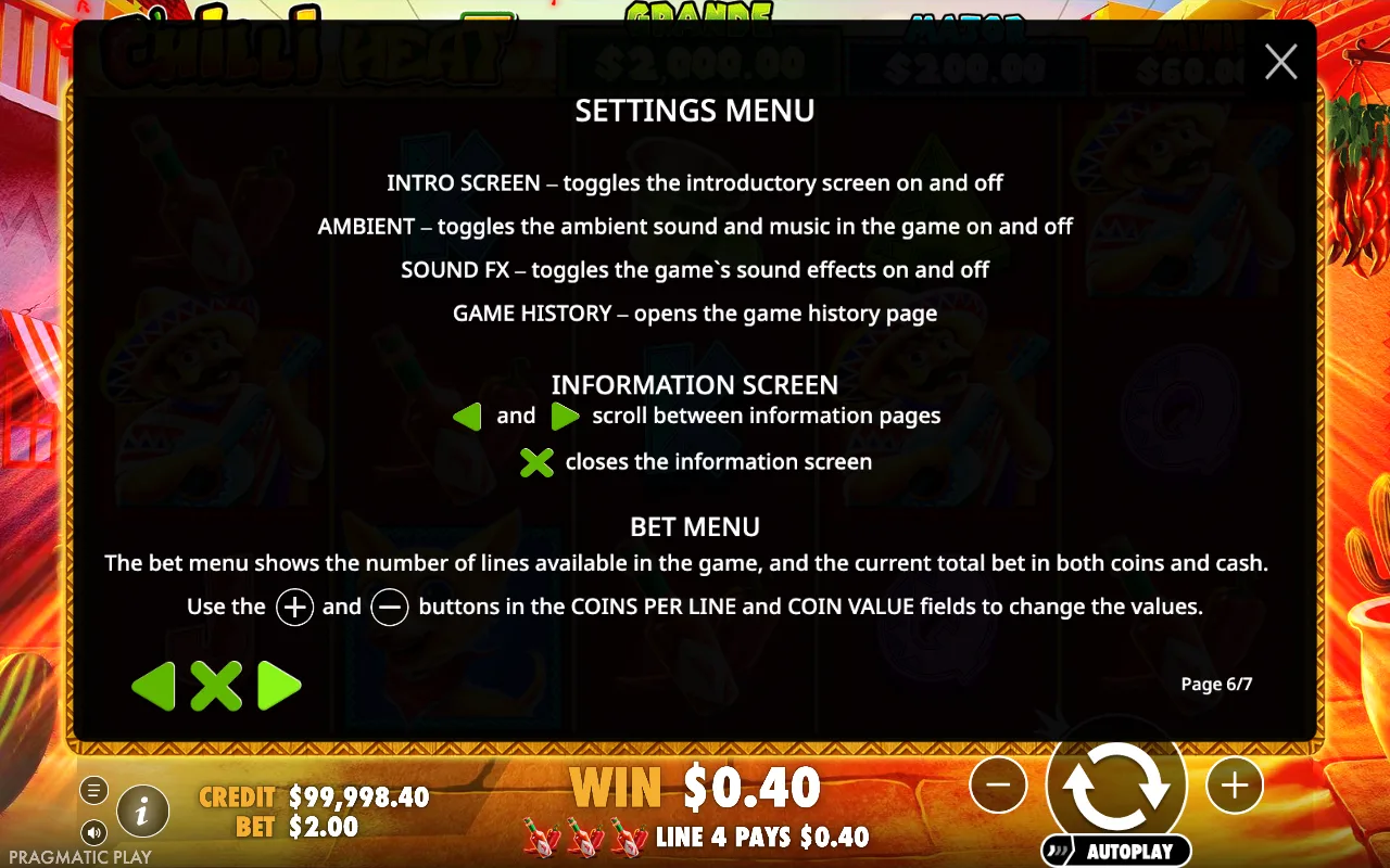 Settings menu — Chilli Heat