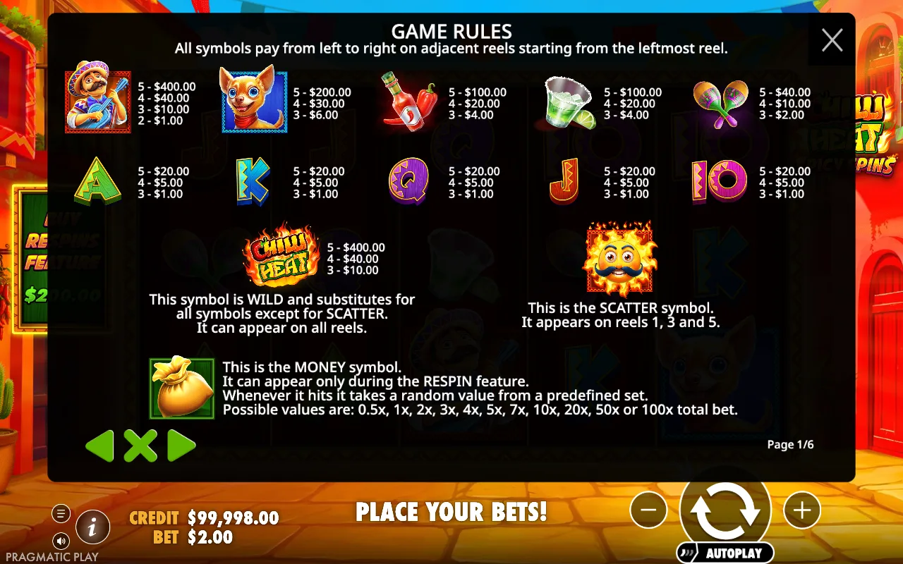 Game rules, page 1 — Chilli Heat Spicy Spins