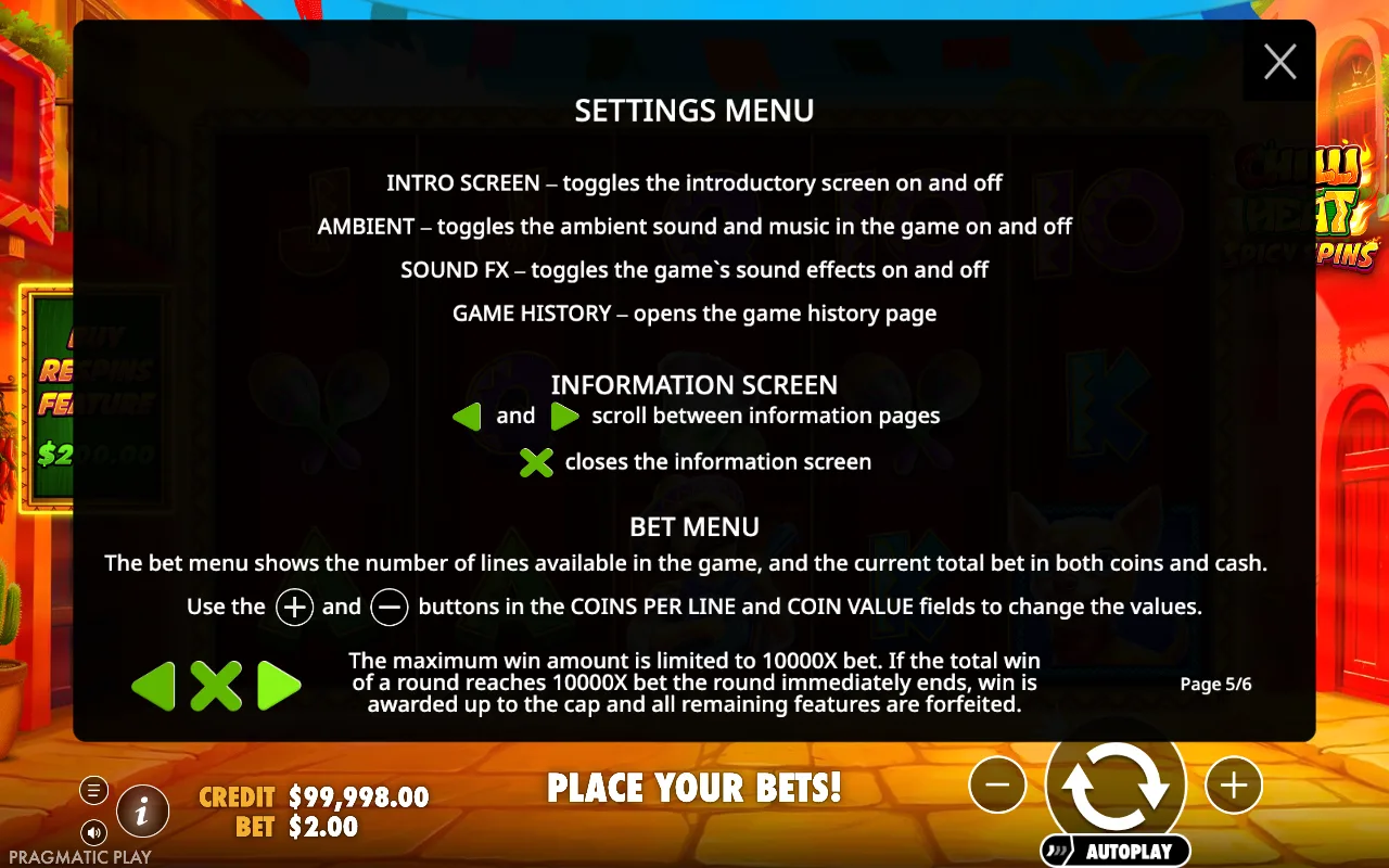 Settings menu — Chilli Heat Spicy Spins